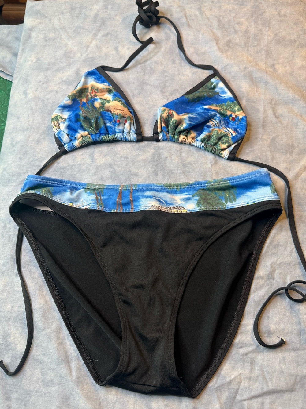 Two-Piece Bikini Set in Black with Blue Tropical Print cruise ships